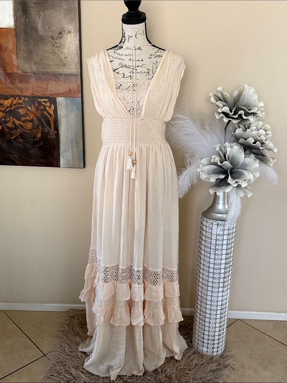 Boho Ivory Maxi Dress with Crochet & Ruffle Details